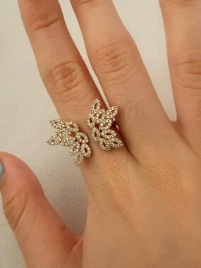 Sparkling Leaf Wrap Ring - White Gold Tone with Clear Stones